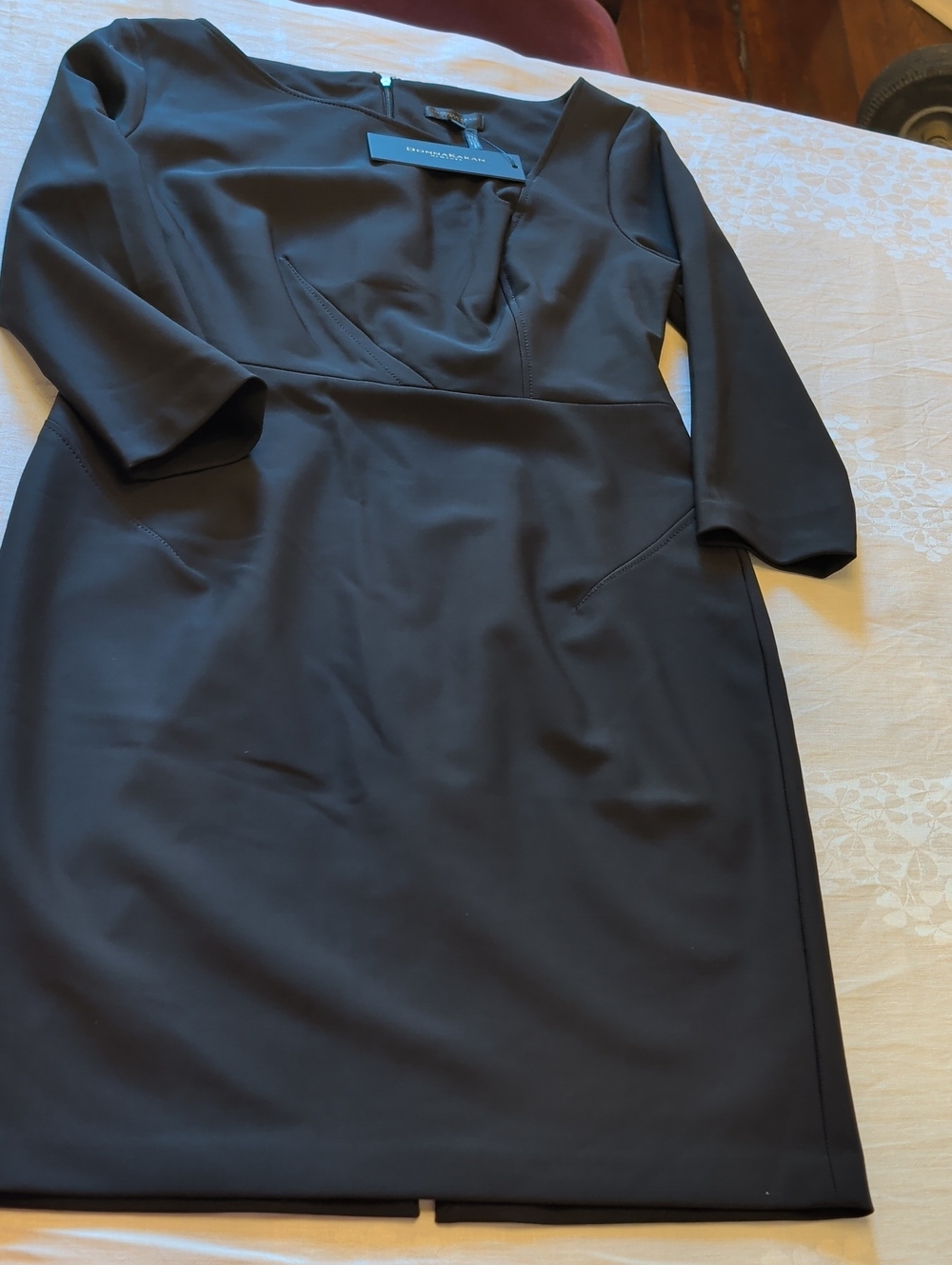 Donna Karan Black Long Sleeve Asymmetrical Neck Sheath Dress Size 12 NWT